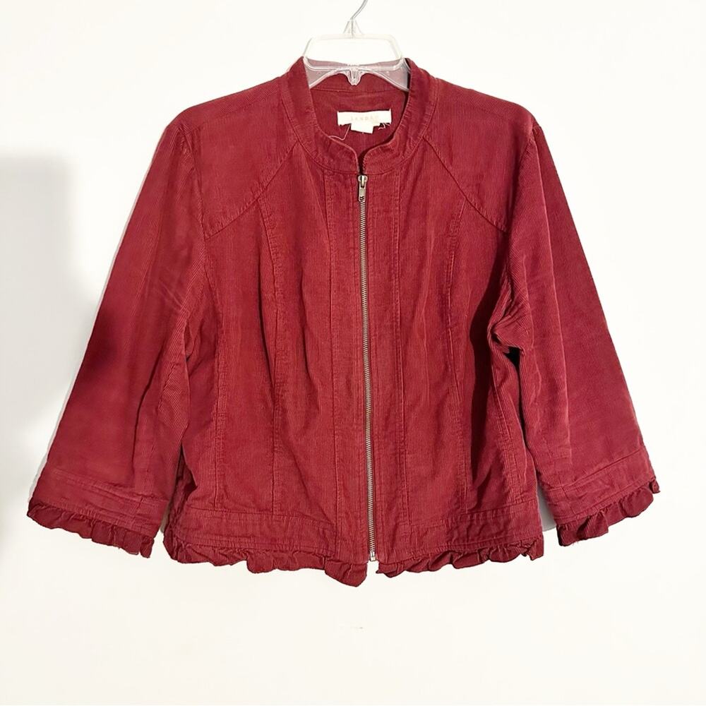 Sandro Corduroy Burgundy Zip Front Jacket Ruffle Hem 3/4 Sleeve Women’s Size XL